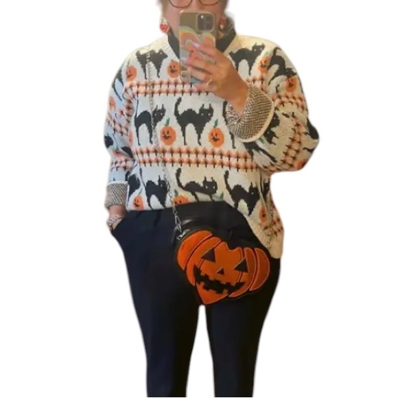 New Pumpkin Black Cat Halloween Sweater Orange Cream Long Sleeve Crew - Picture 14 of 15